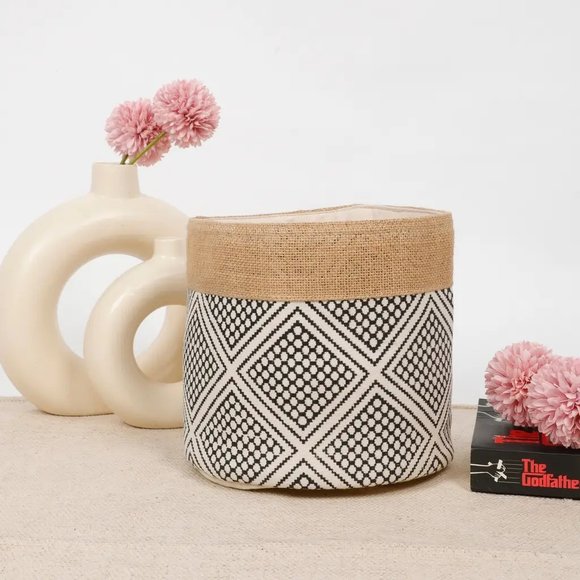 pepme Other - Jute Cotton fabric printed basket, squares, 8x8, off-white, brown, black